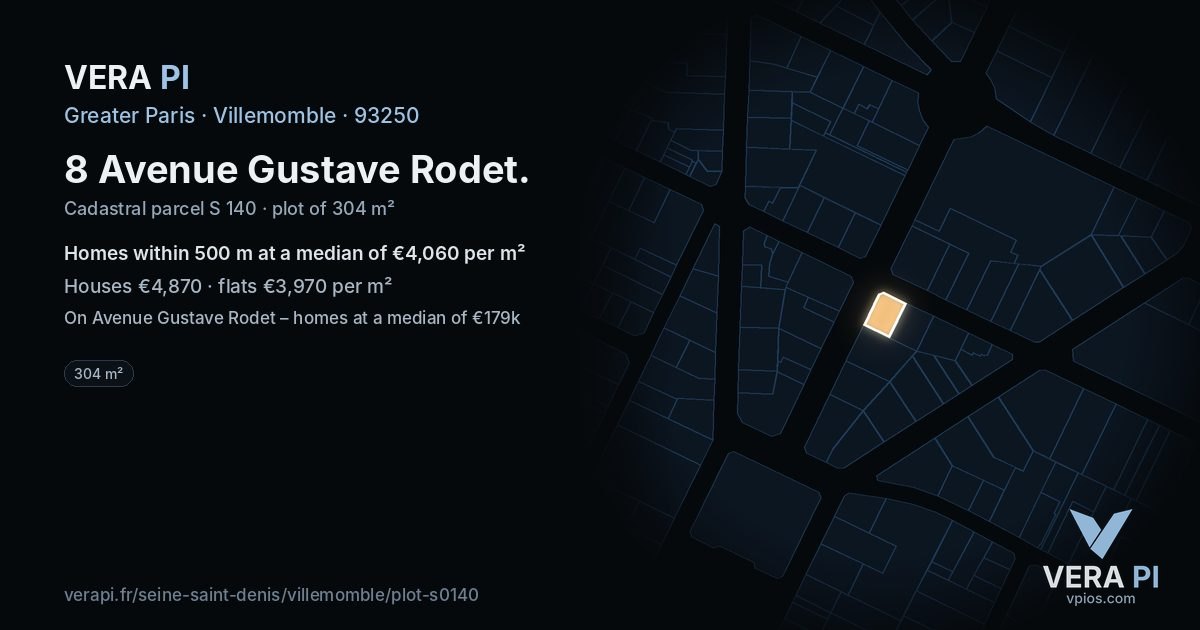 8 Avenue Gustave Rodet, Villemomble at night – the plot lit, the parcels around coloured by the prices near them