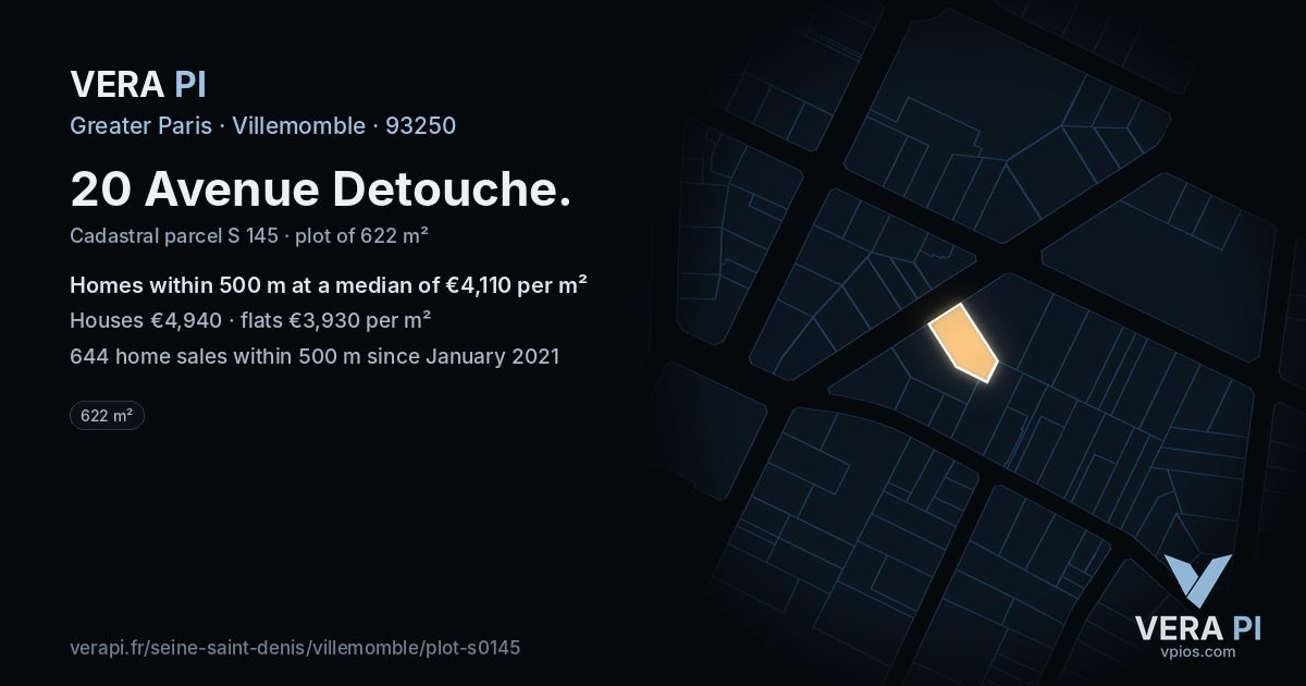 20 Avenue Detouche, Villemomble at night – the plot lit, the parcels around coloured by the prices near them