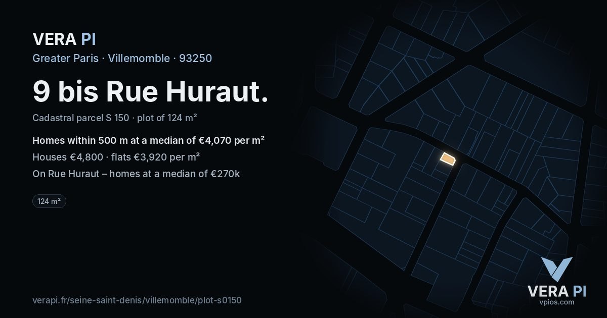 9 bis Rue Huraut, Villemomble at night – the plot lit, the parcels around coloured by the prices near them
