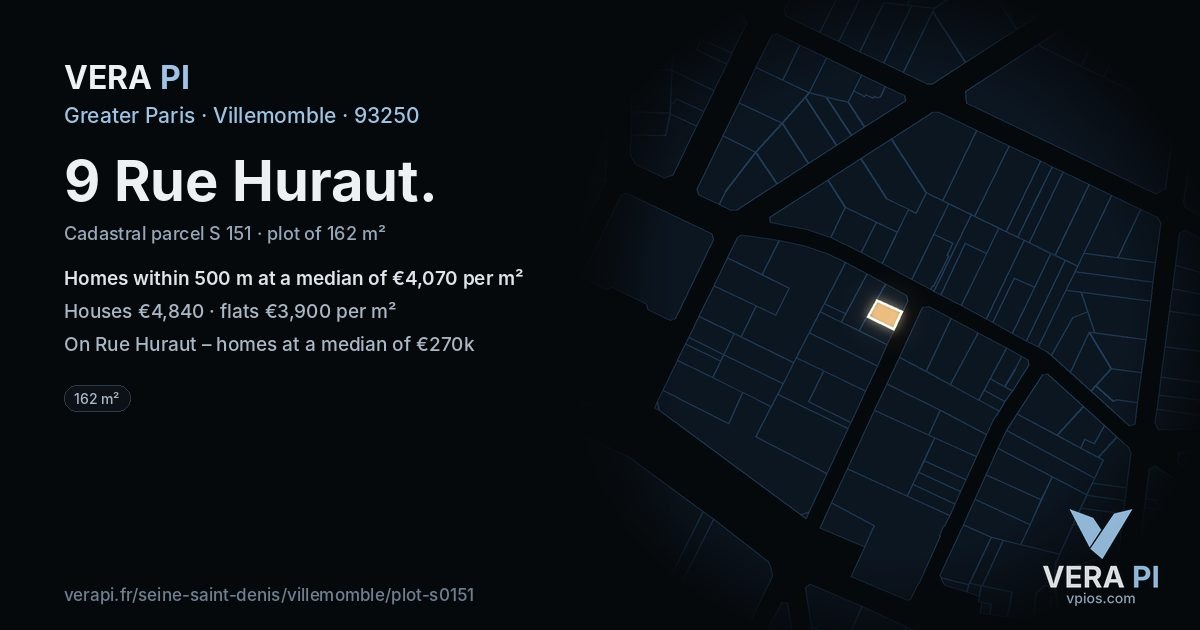 9 Rue Huraut, Villemomble at night – the plot lit, the parcels around coloured by the prices near them