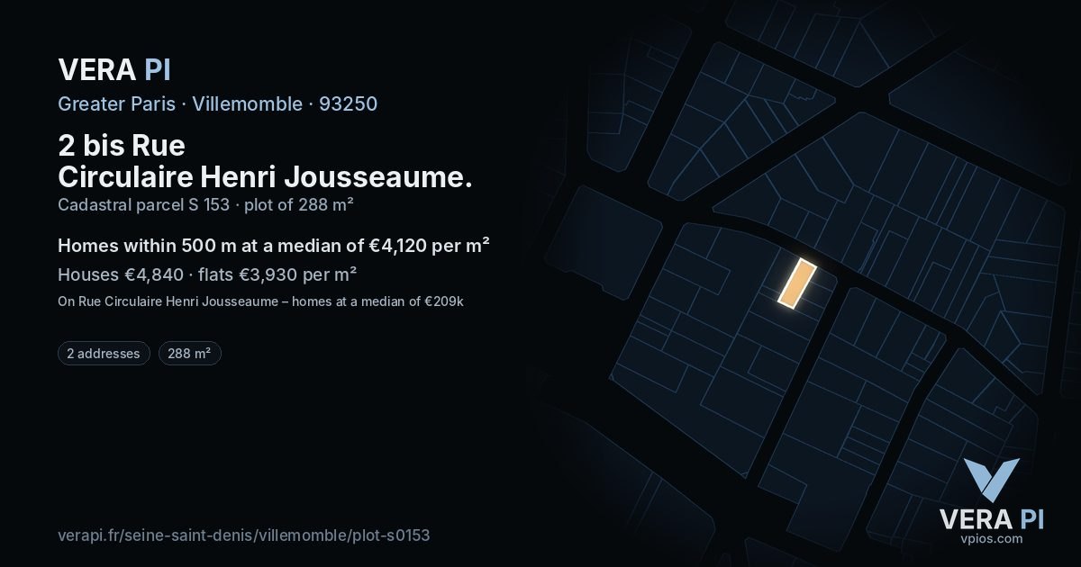 2 bis Rue Circulaire Henri Jousseaume, Villemomble at night – the plot lit, the parcels around coloured by the prices near them