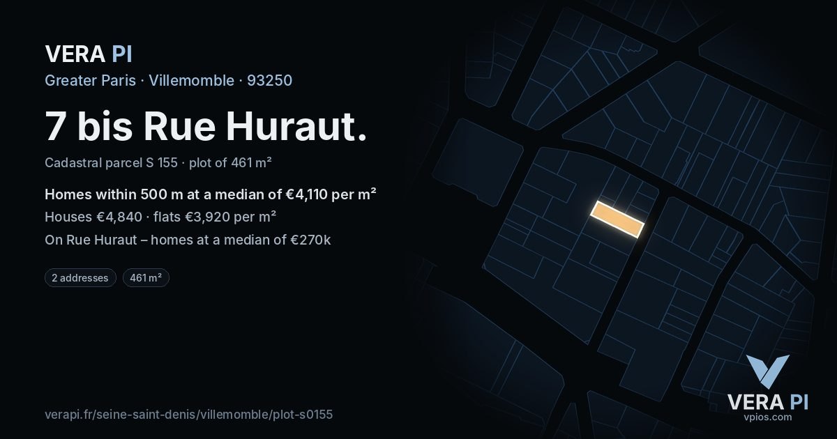 7 bis Rue Huraut, Villemomble at night – the plot lit, the parcels around coloured by the prices near them