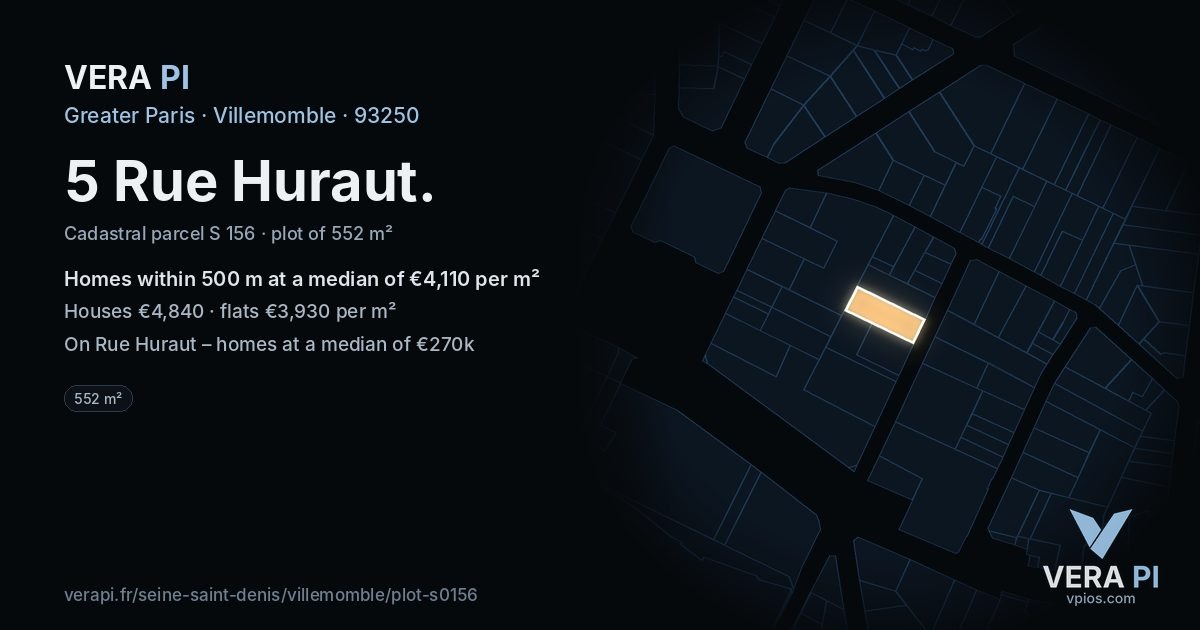 5 Rue Huraut, Villemomble at night – the plot lit, the parcels around coloured by the prices near them