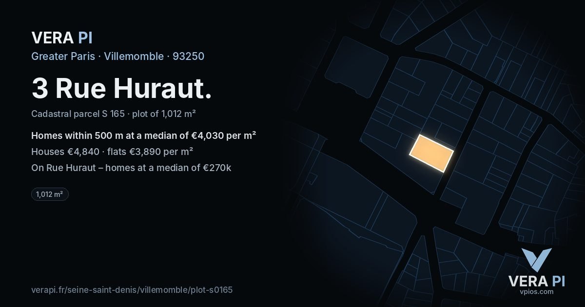 3 Rue Huraut, Villemomble at night – the plot lit, the parcels around coloured by the prices near them