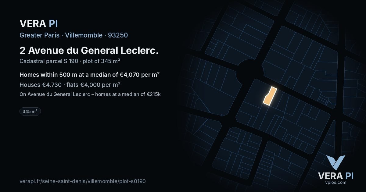 2 Avenue du General Leclerc, Villemomble at night – the plot lit, the parcels around coloured by the prices near them