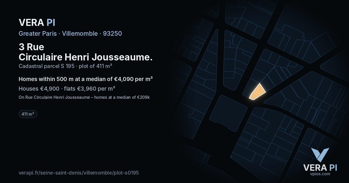 3 Rue Circulaire Henri Jousseaume, Villemomble at night – the plot lit, the parcels around coloured by the prices near them