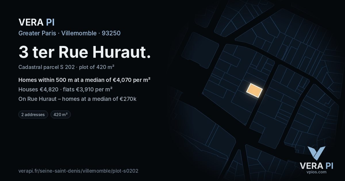 3 ter Rue Huraut, Villemomble at night – the plot lit, the parcels around coloured by the prices near them