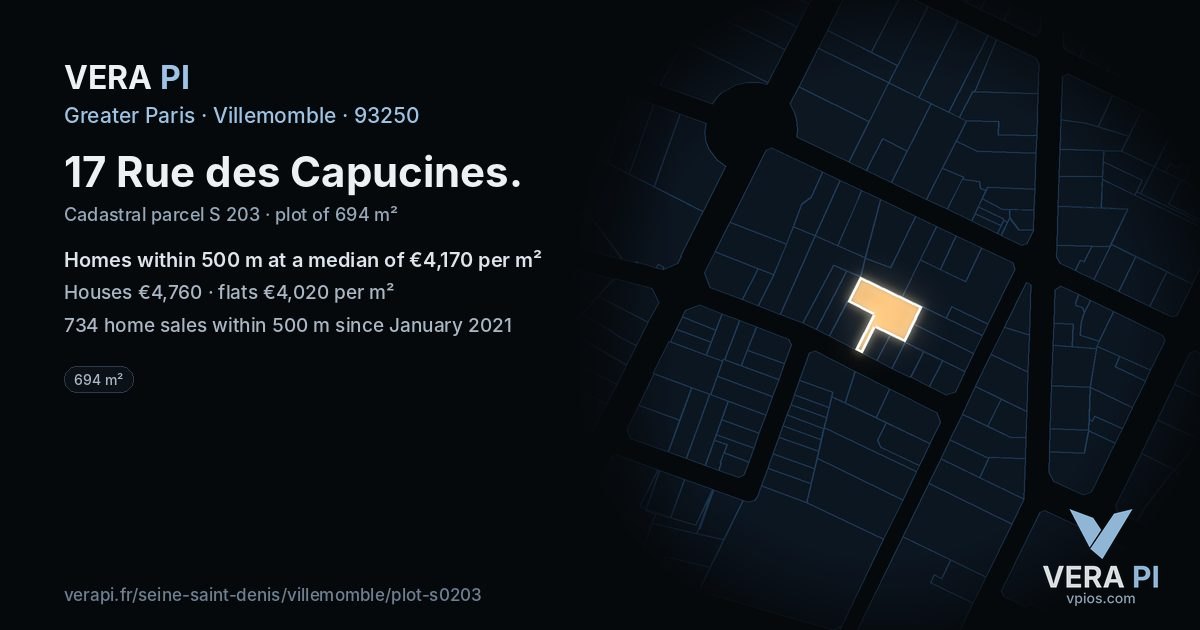 17 Rue des Capucines, Villemomble at night – the plot lit, the parcels around coloured by the prices near them