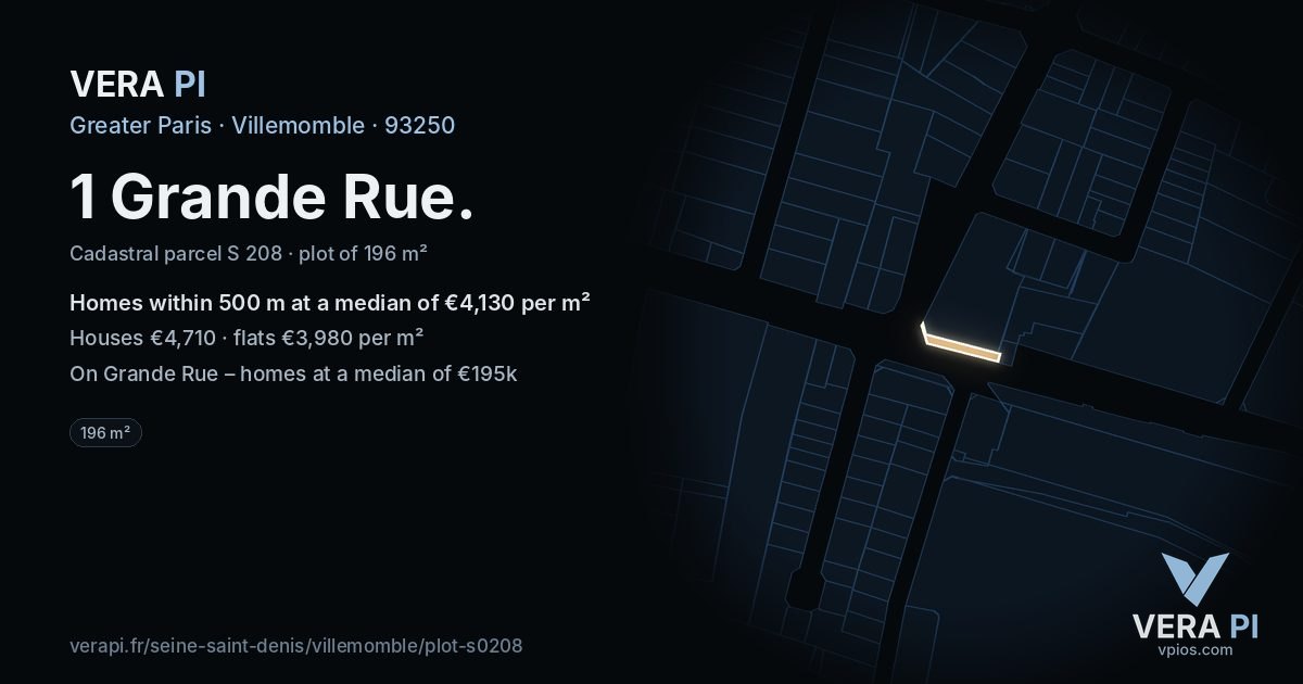 1 Grande Rue, Villemomble at night – the plot lit, the parcels around coloured by the prices near them