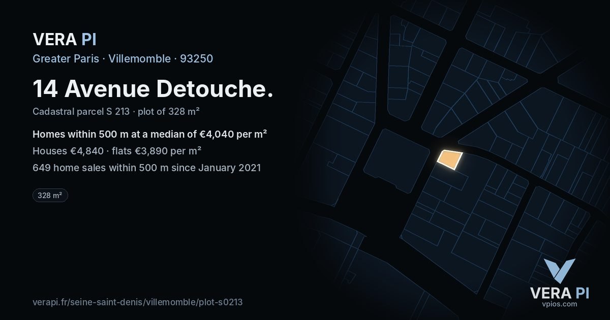 14 Avenue Detouche, Villemomble at night – the plot lit, the parcels around coloured by the prices near them