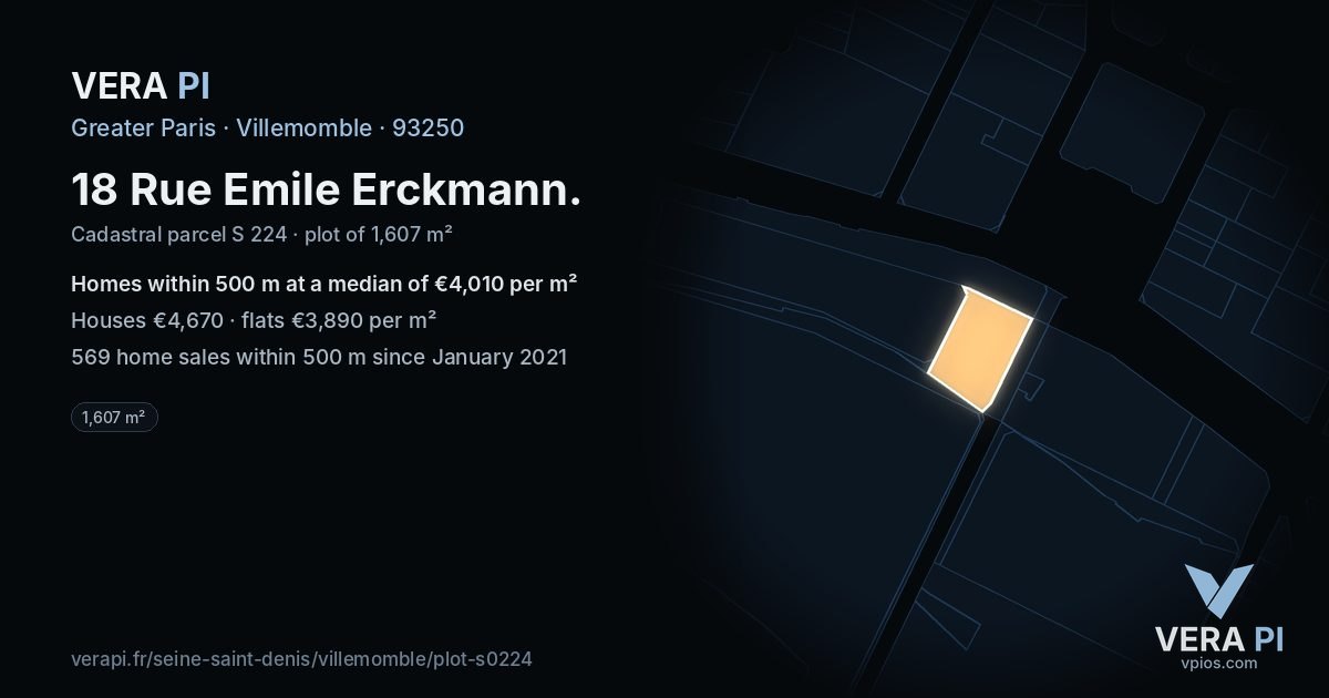 18 Rue Emile Erckmann, Villemomble at night – the plot lit, the parcels around coloured by the prices near them