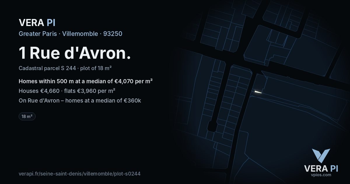 1 Rue d'Avron, Villemomble at night – the plot lit, the parcels around coloured by the prices near them