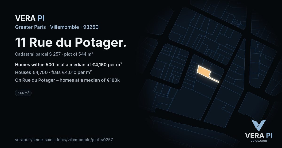 11 Rue du Potager, Villemomble at night – the plot lit, the parcels around coloured by the prices near them