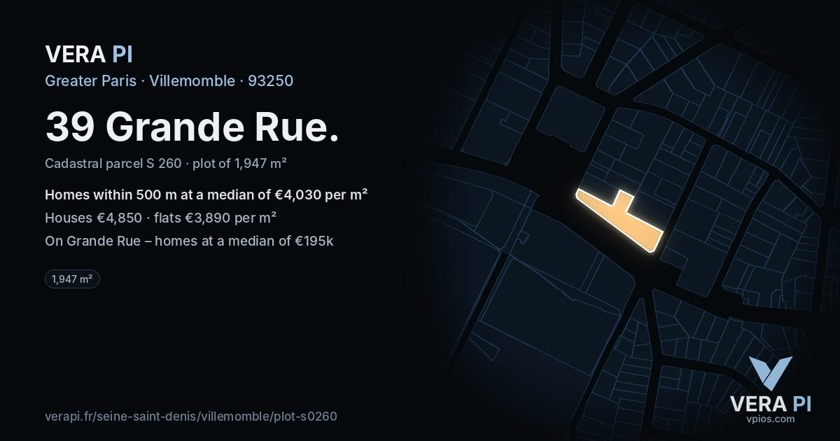 39 Grande Rue, Villemomble at night – the plot lit, the parcels around coloured by the prices near them