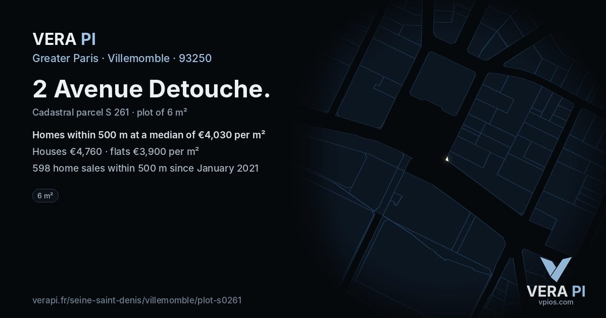 2 Avenue Detouche, Villemomble at night – the plot lit, the parcels around coloured by the prices near them