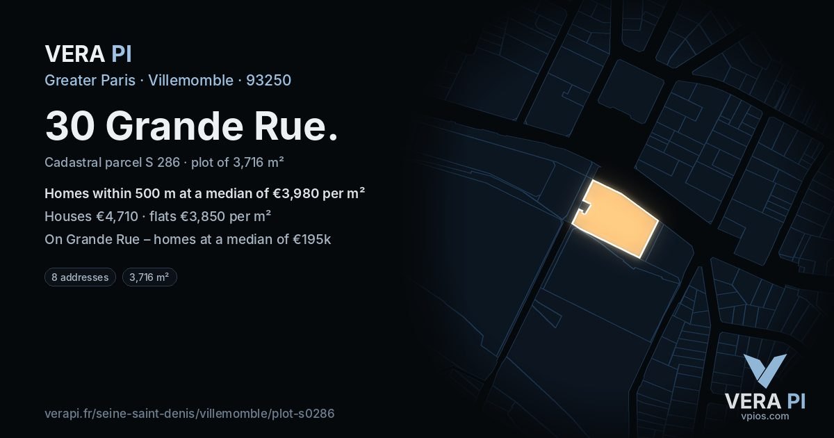 30 Grande Rue, Villemomble at night – the plot lit, the parcels around coloured by the prices near them