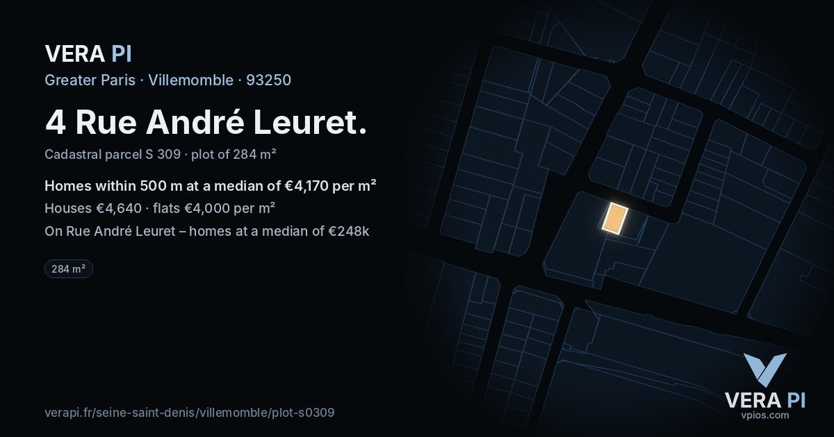 4 Rue André Leuret, Villemomble at night – the plot lit, the parcels around coloured by the prices near them