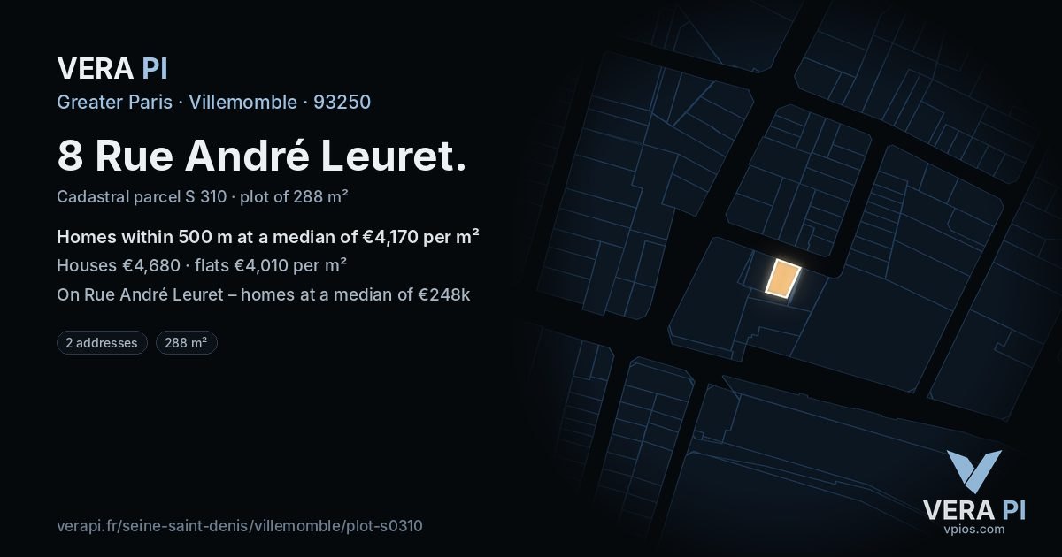 8 Rue André Leuret, Villemomble at night – the plot lit, the parcels around coloured by the prices near them