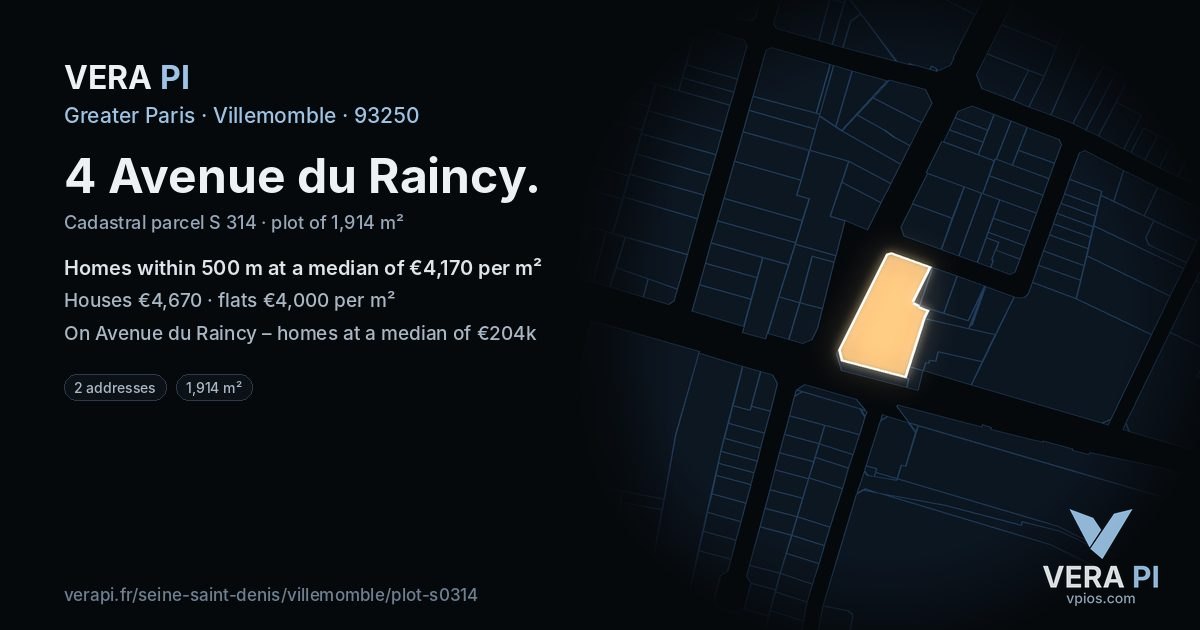 4 Avenue du Raincy, Villemomble at night – the plot lit, the parcels around coloured by the prices near them