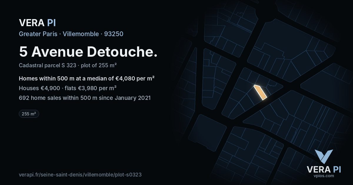 5 Avenue Detouche, Villemomble at night – the plot lit, the parcels around coloured by the prices near them