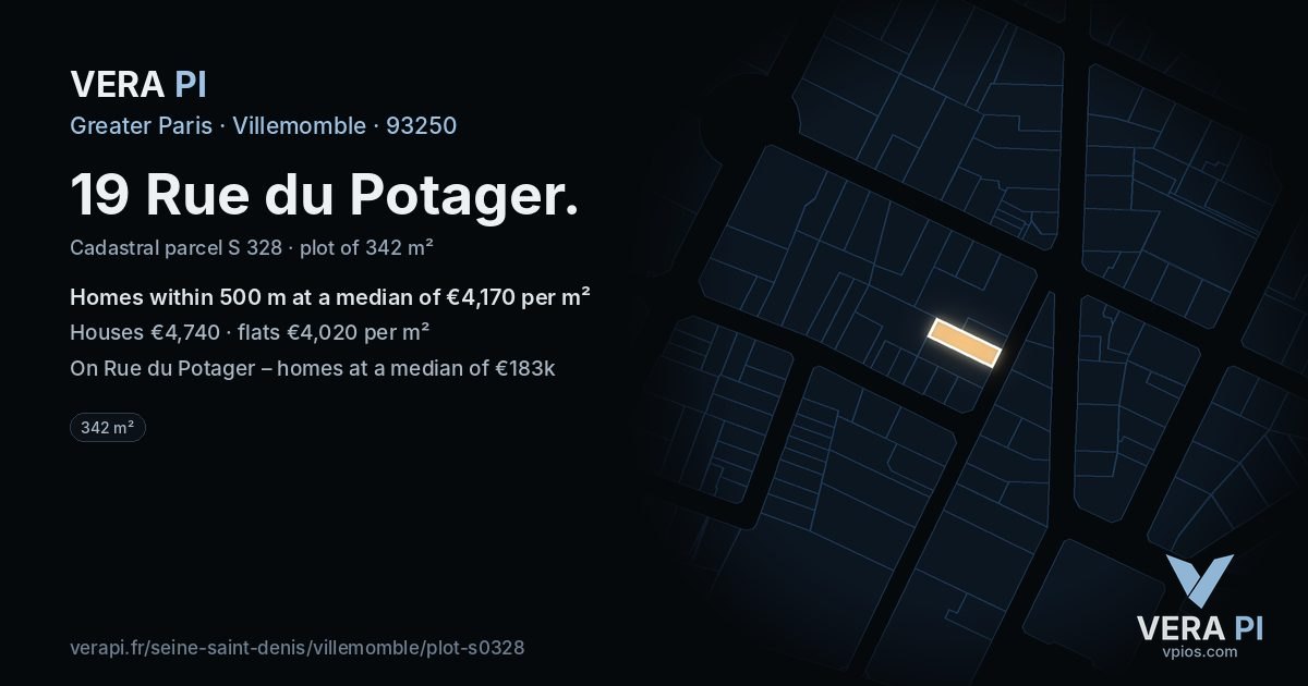 19 Rue du Potager, Villemomble at night – the plot lit, the parcels around coloured by the prices near them