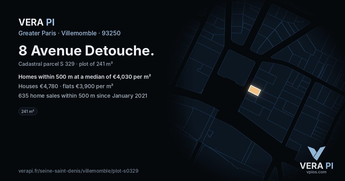 8 Avenue Detouche, Villemomble at night – the plot lit, the parcels around coloured by the prices near them