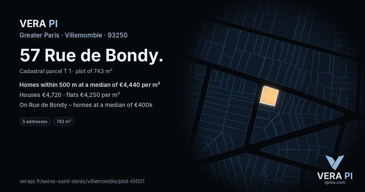 57 Rue de Bondy, Villemomble at night – the plot lit, the parcels around coloured by the prices near them