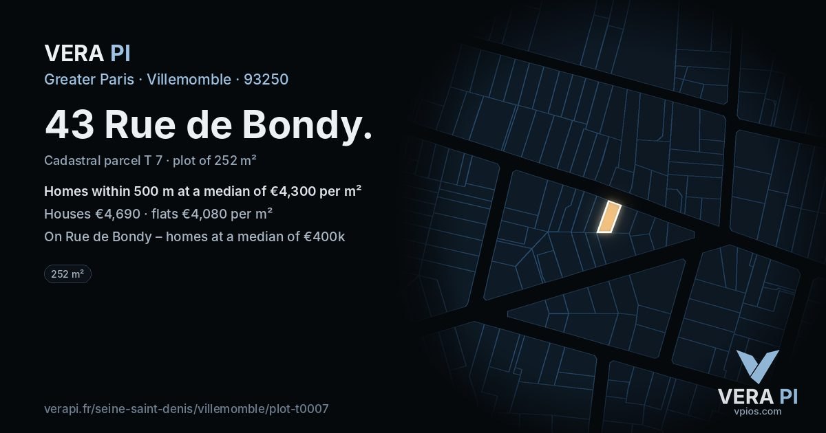 43 Rue de Bondy, Villemomble at night – the plot lit, the parcels around coloured by the prices near them