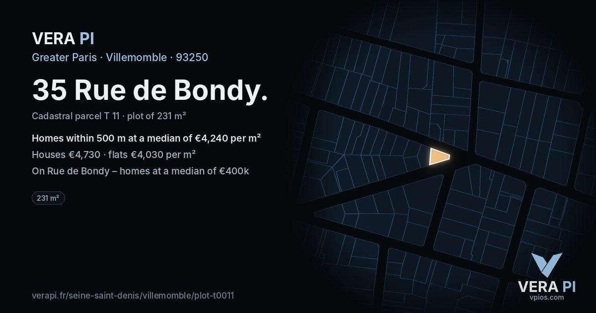 35 Rue de Bondy, Villemomble at night – the plot lit, the parcels around coloured by the prices near them