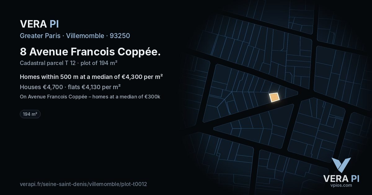 8 Avenue Francois Coppée, Villemomble at night – the plot lit, the parcels around coloured by the prices near them