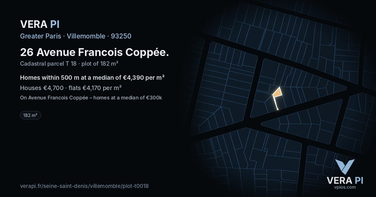 26 Avenue Francois Coppée, Villemomble at night – the plot lit, the parcels around coloured by the prices near them