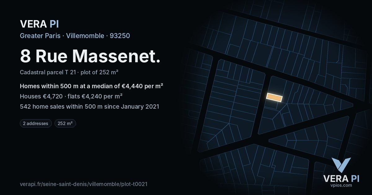 8 Rue Massenet, Villemomble at night – the plot lit, the parcels around coloured by the prices near them