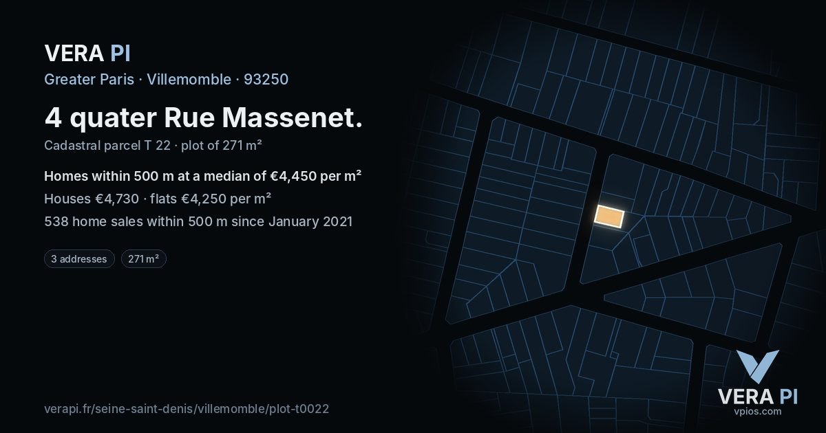 4 quater Rue Massenet, Villemomble at night – the plot lit, the parcels around coloured by the prices near them