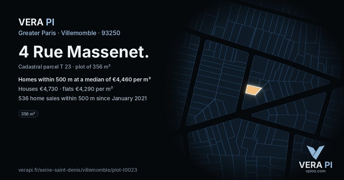 4 Rue Massenet, Villemomble at night – the plot lit, the parcels around coloured by the prices near them