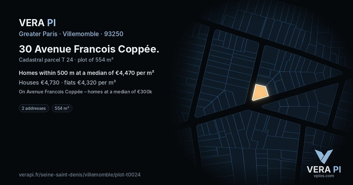 30 Avenue Francois Coppée, Villemomble at night – the plot lit, the parcels around coloured by the prices near them