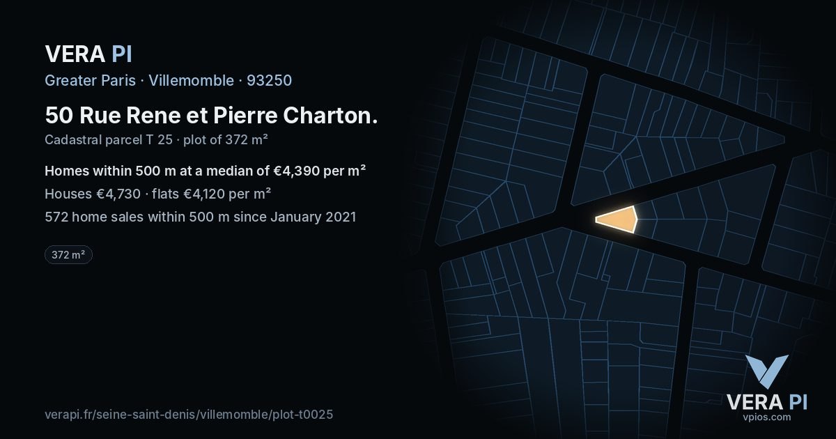 50 Rue Rene et Pierre Charton, Villemomble at night – the plot lit, the parcels around coloured by the prices near them
