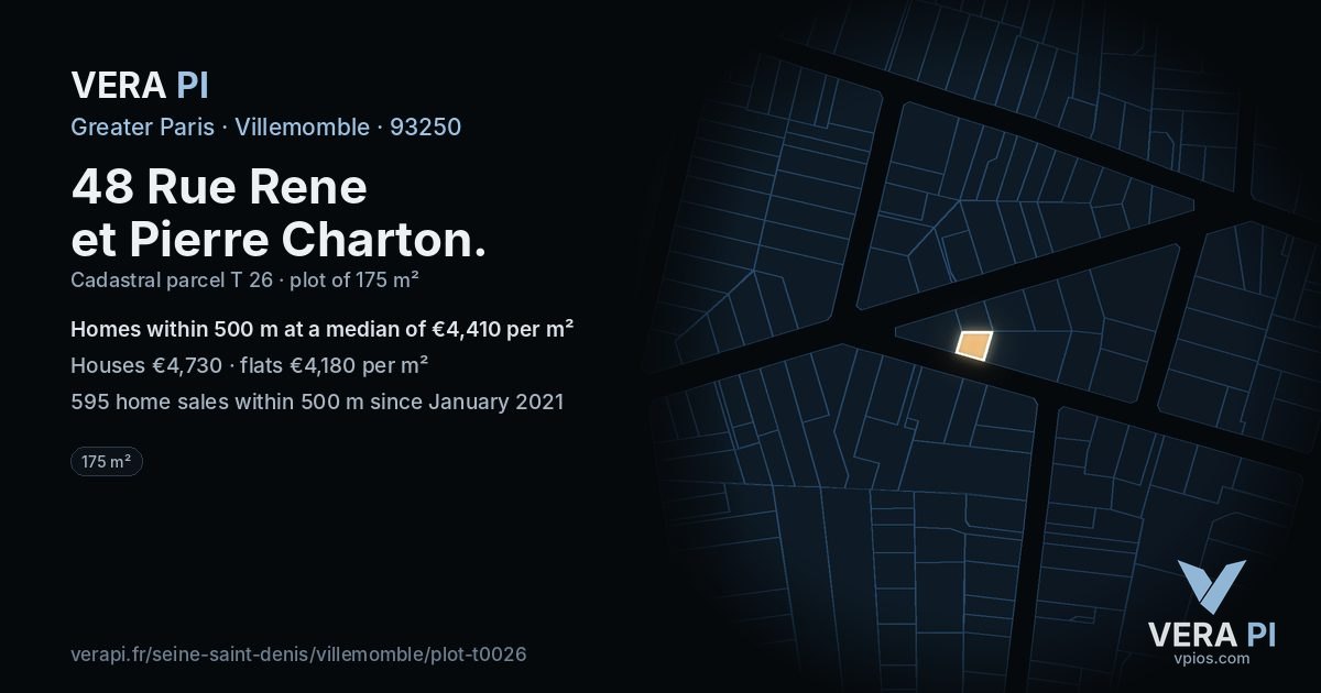 48 Rue Rene et Pierre Charton, Villemomble at night – the plot lit, the parcels around coloured by the prices near them