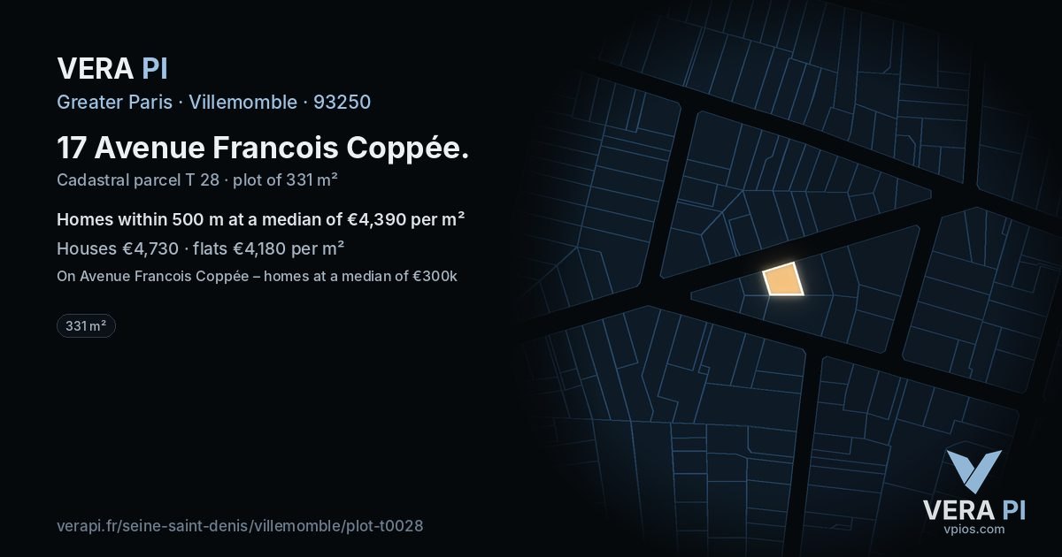 17 Avenue Francois Coppée, Villemomble at night – the plot lit, the parcels around coloured by the prices near them