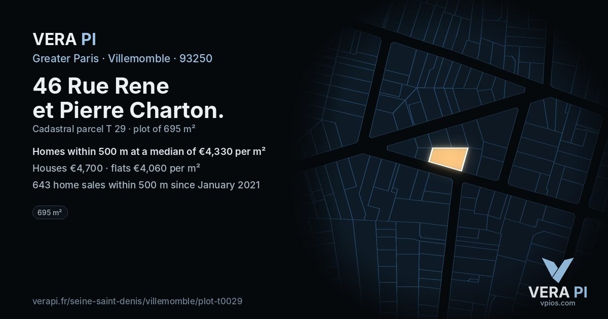 46 Rue Rene et Pierre Charton, Villemomble at night – the plot lit, the parcels around coloured by the prices near them