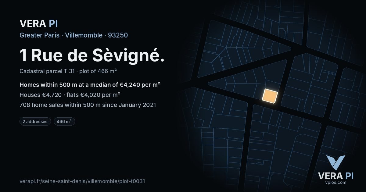 1 Rue de Sèvigné, Villemomble at night – the plot lit, the parcels around coloured by the prices near them