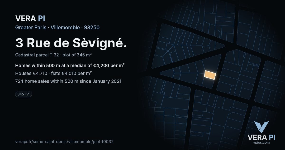 3 Rue de Sèvigné, Villemomble at night – the plot lit, the parcels around coloured by the prices near them