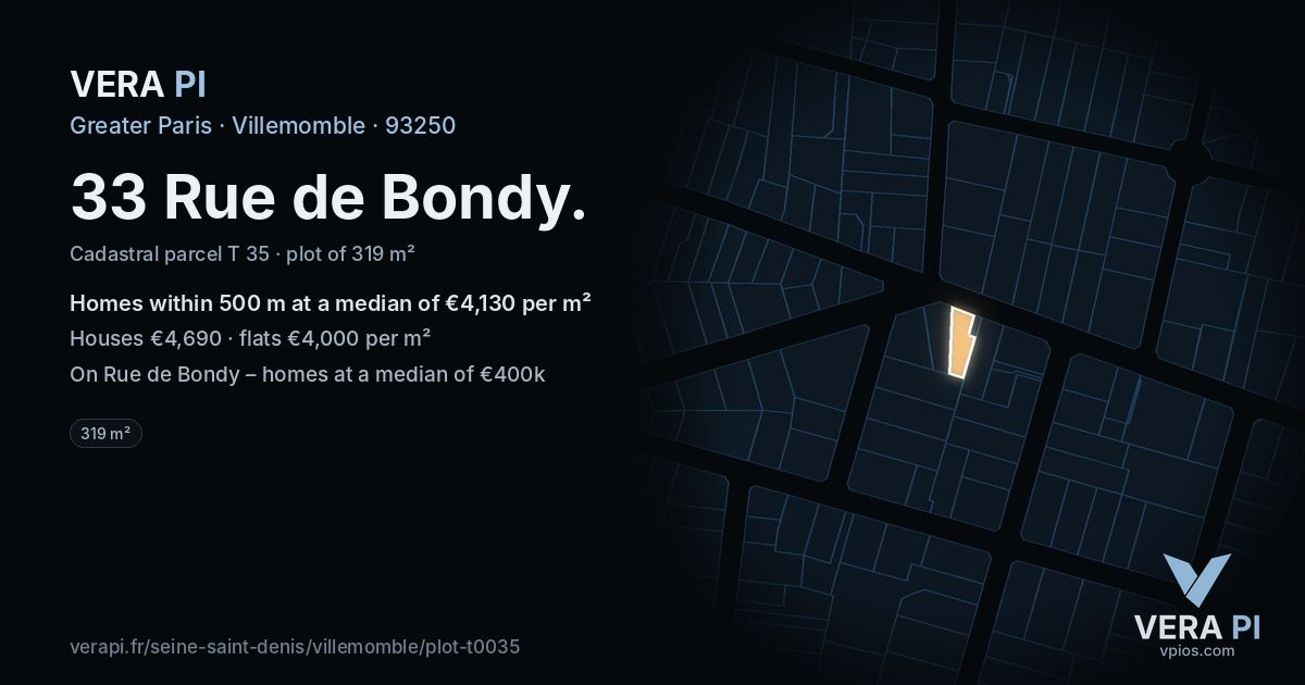 33 Rue de Bondy, Villemomble at night – the plot lit, the parcels around coloured by the prices near them