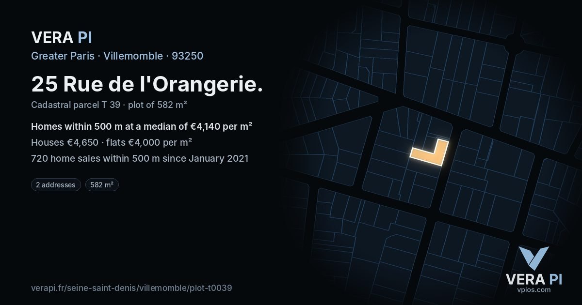 25 Rue de l'Orangerie, Villemomble at night – the plot lit, the parcels around coloured by the prices near them