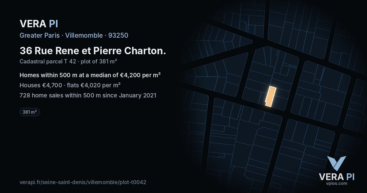 36 Rue Rene et Pierre Charton, Villemomble at night – the plot lit, the parcels around coloured by the prices near them