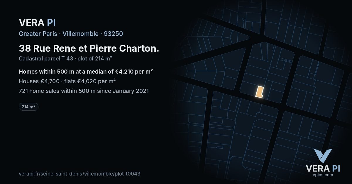 38 Rue Rene et Pierre Charton, Villemomble at night – the plot lit, the parcels around coloured by the prices near them