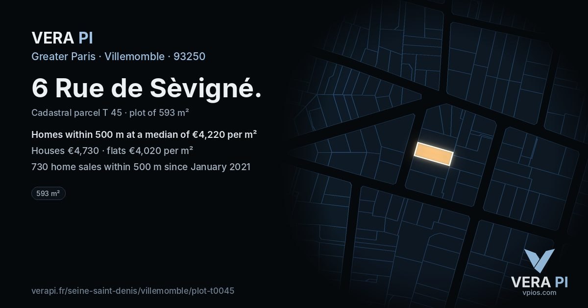 6 Rue de Sèvigné, Villemomble at night – the plot lit, the parcels around coloured by the prices near them