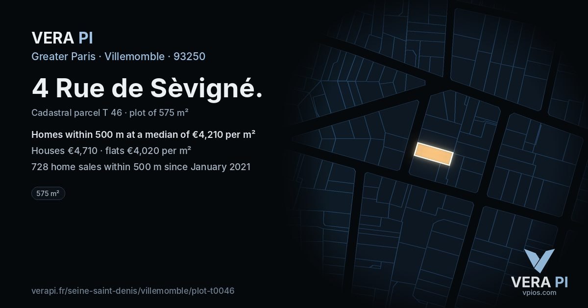 4 Rue de Sèvigné, Villemomble at night – the plot lit, the parcels around coloured by the prices near them