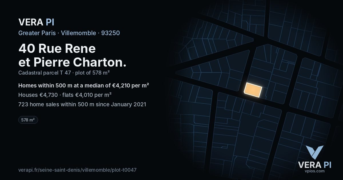 40 Rue Rene et Pierre Charton, Villemomble at night – the plot lit, the parcels around coloured by the prices near them