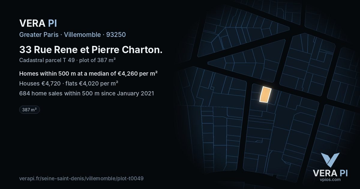 33 Rue Rene et Pierre Charton, Villemomble at night – the plot lit, the parcels around coloured by the prices near them