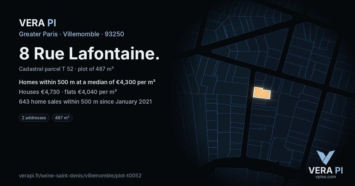 8 Rue Lafontaine, Villemomble at night – the plot lit, the parcels around coloured by the prices near them